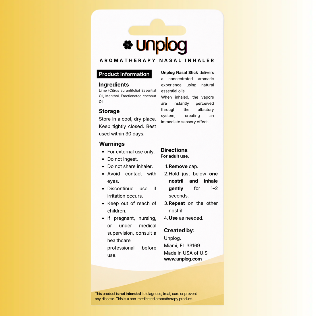Back of Unplog Bliss lime nasal stick 2-pack box with ingredients and directions