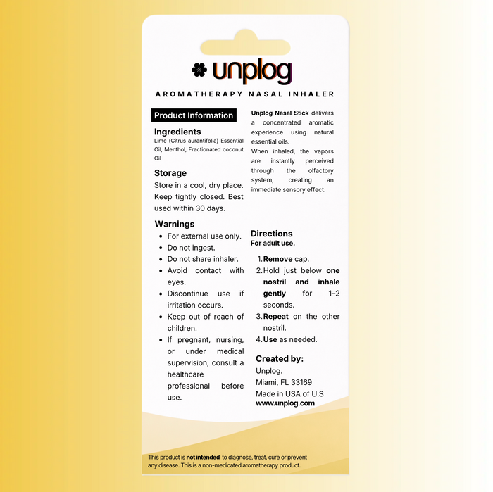 Back of Unplog Bliss lime nasal stick 2-pack box with ingredients and directions