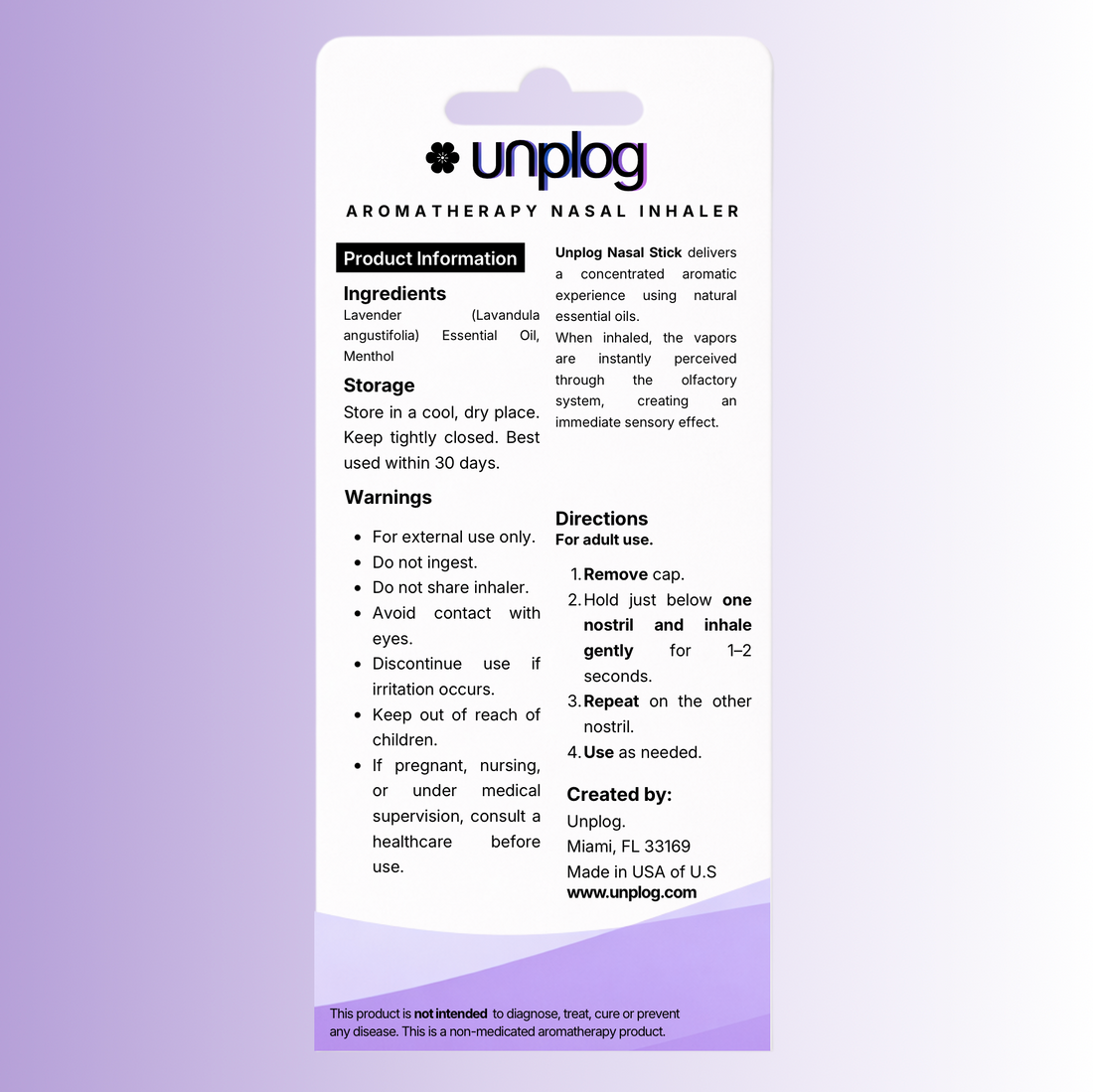 Back of Unplog Calm lavender nasal stick 2-pack box with ingredients and directions