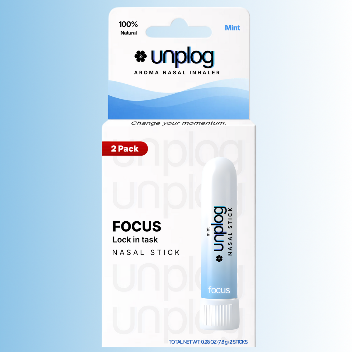 Unplog Focus peppermint aromatherapy nasal stick 2-pack, front of blue box