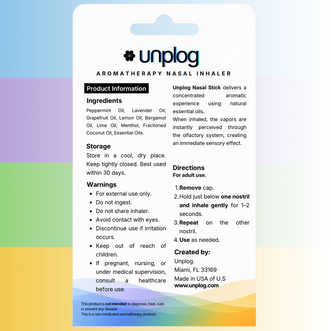 Back of Unplog Discovery Pack box with ingredients and directions for all four nasal sticks